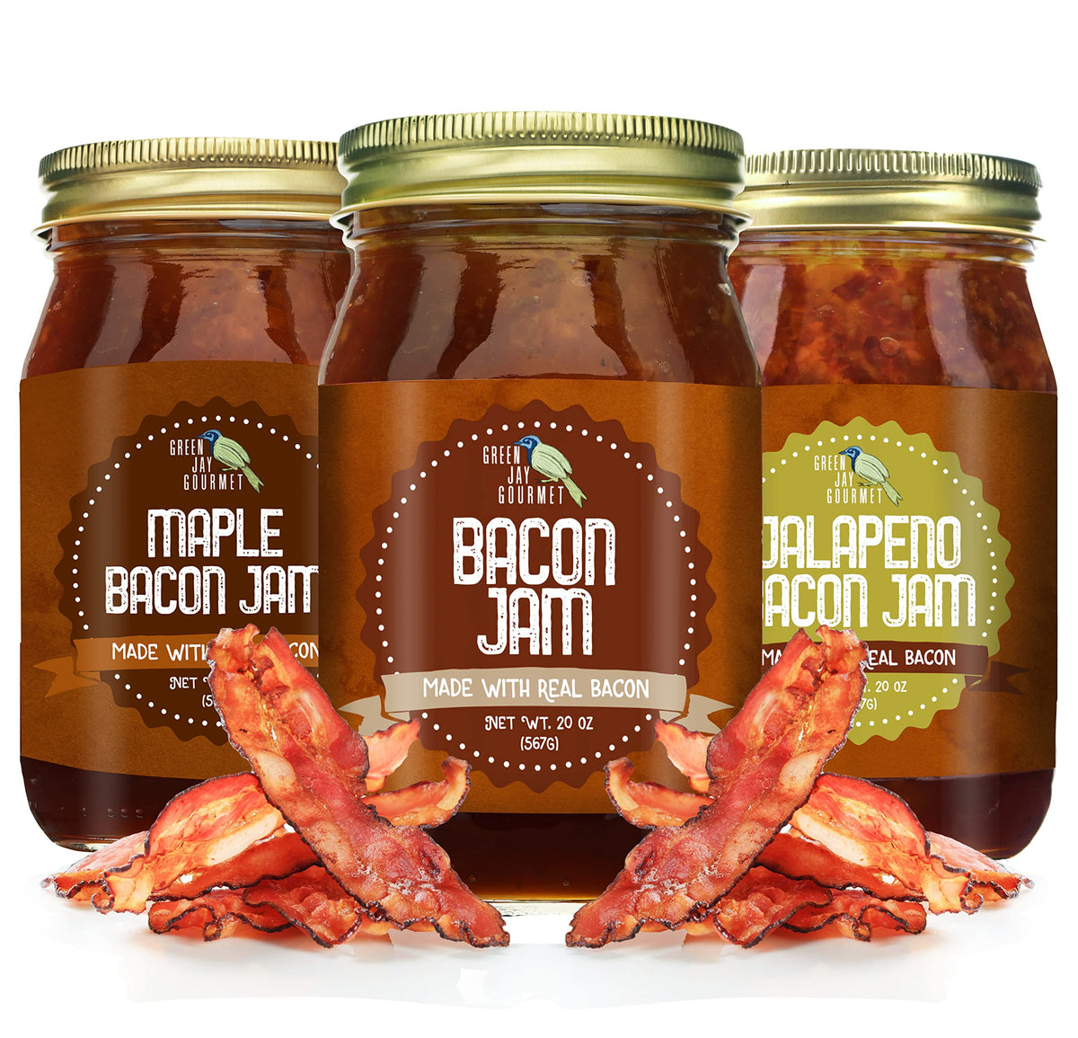 Green Jay Gourmet Bacon Jam Sampler Pack showcasing all flavors for versatile meals.