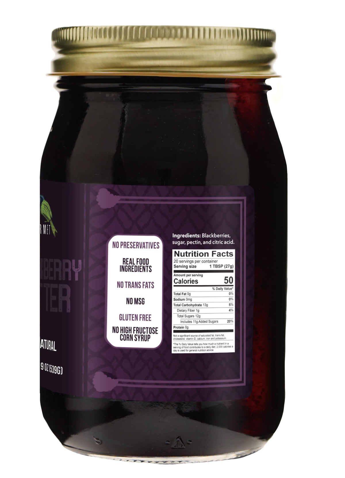 Green Jay Gourmet Blackberry Butter jar closeup, premium flavor for breakfast and desserts.
