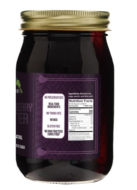Green Jay Gourmet Blackberry Butter jar closeup, premium flavor for breakfast and desserts.