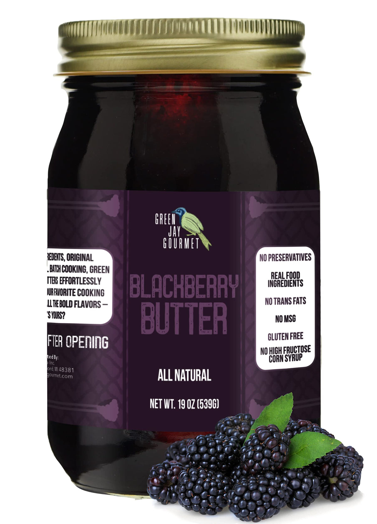 Green Jay Gourmet Blackberry Butter jar front view, all-natural fruit spread.