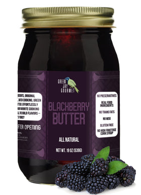 Green Jay Gourmet Blackberry Butter jar front view, all-natural fruit spread.