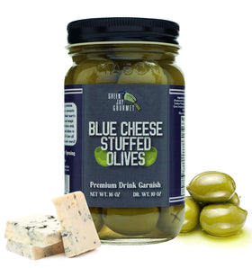 Green Jay Gourmet blue cheese stuffed olives jar adds savory depth to cocktails.