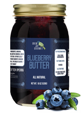 Green Jay Gourmet Blueberry Butter bottle pour reveals creamy, fruit-forward texture ideal for toast.