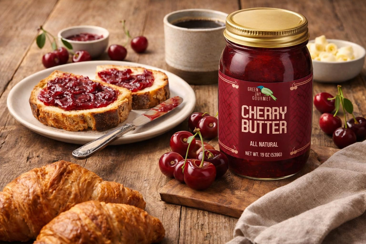 Green Jay Gourmet Cherry Butter jar with fresh cherries, versatile for desserts and savory dishes.