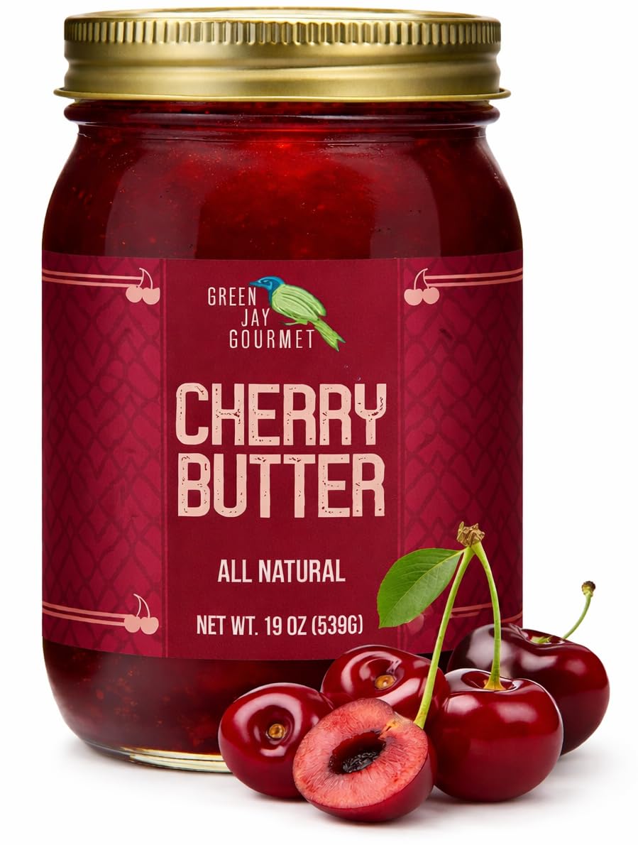 Green Jay Gourmet Cherry Butter jar with vibrant cherries, ideal for toast or pastries.
