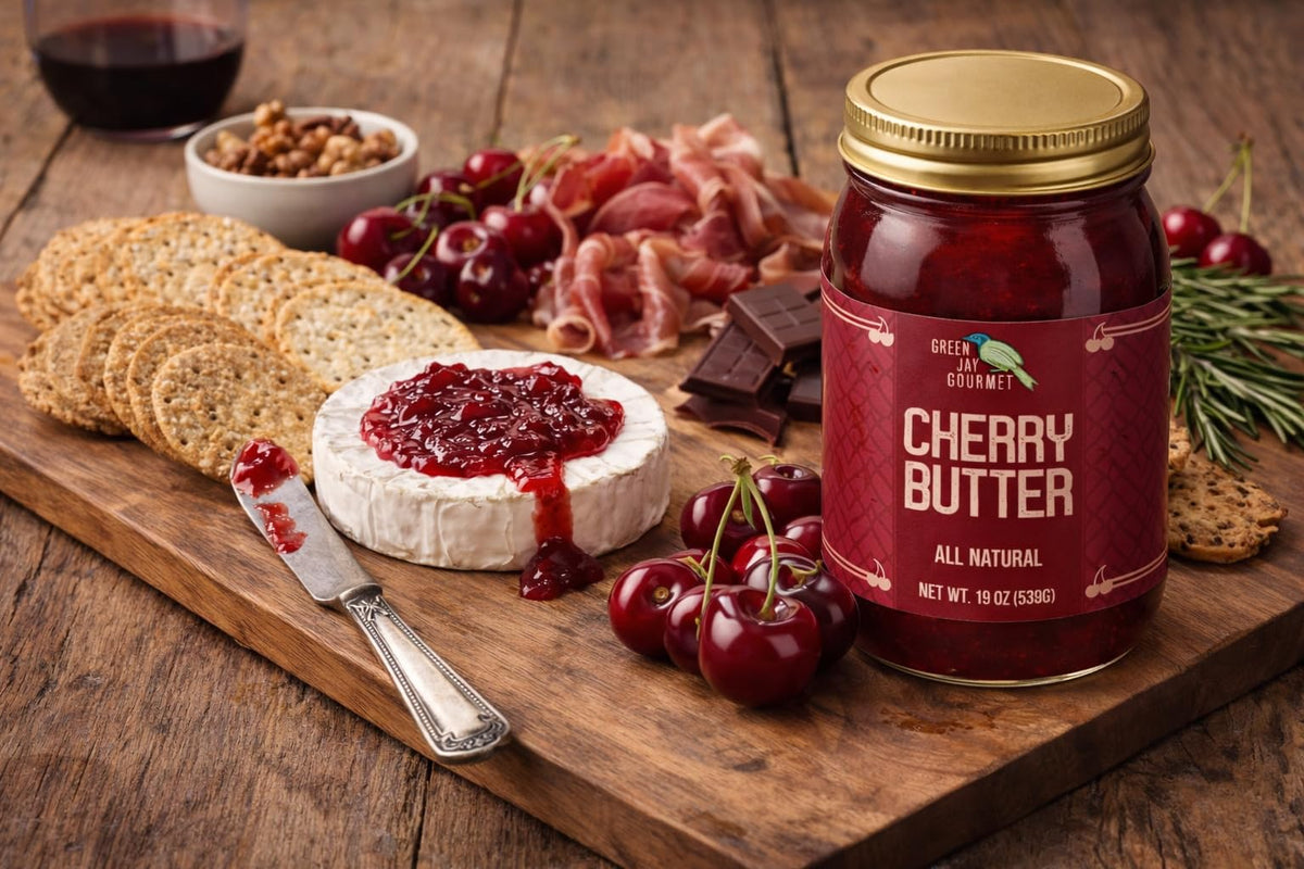Green Jay Gourmet Cherry Butter on breakfast table, suggesting toast, crumble bars, or cinnamon rolls.