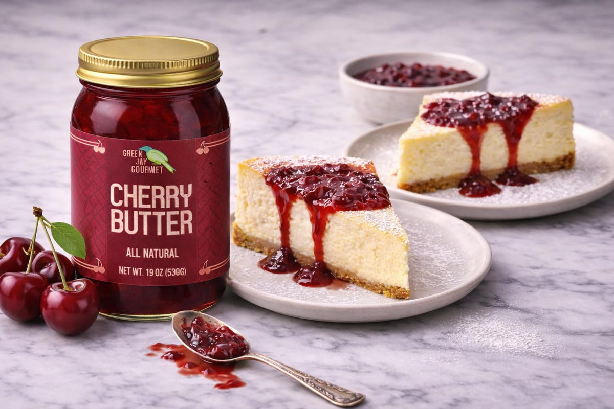 Green Jay Gourmet Cherry Butter label close-up emphasizing all-natural, gluten-free ingredients.