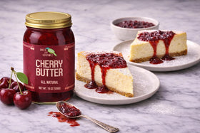 Green Jay Gourmet Cherry Butter label close-up emphasizing all-natural, gluten-free ingredients.