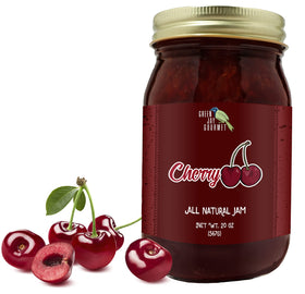 Green Jay Gourmet Cherry Jam glass close-up highlighting ripe cherries and lemon brightness.