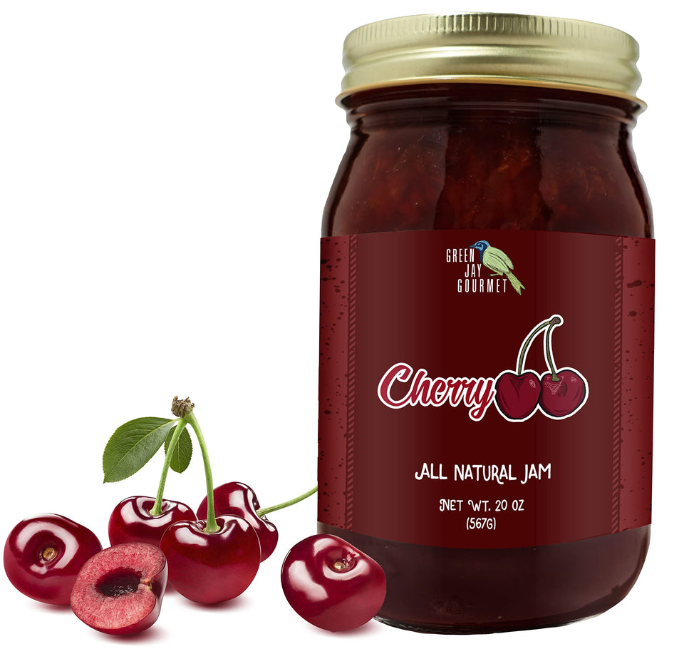 Green Jay Gourmet Cherry Jam glass close-up highlighting ripe cherries and lemon brightness.