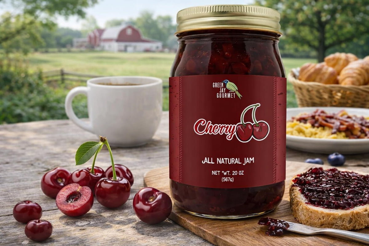 Green Jay Gourmet ingredients with cherries and lemon for natural flavor.