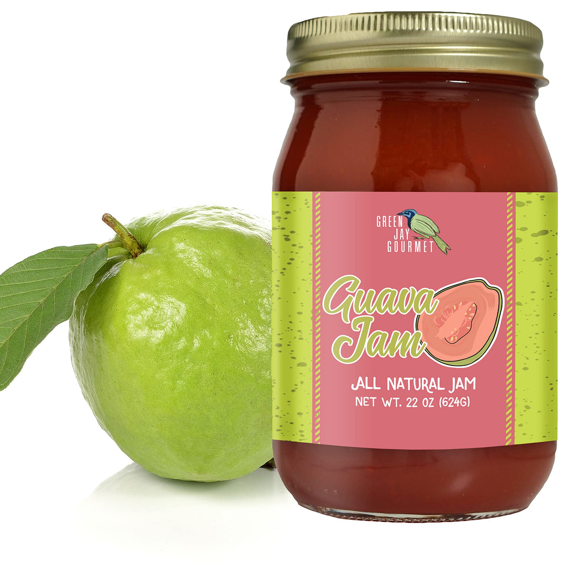 Green Jay Gourmet Guava Jam jar close-up with vibrant color and natural ingredients.
