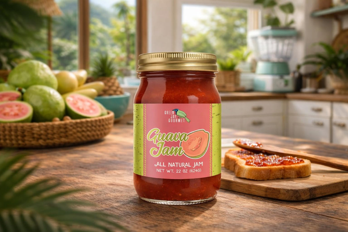Green Jay Gourmet Guava Jam parfait with yogurt and granola for tropical flavor.