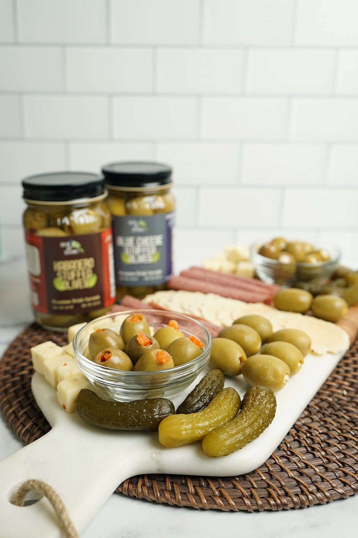 Green Jay Gourmet large green olives offer premium texture and bite.