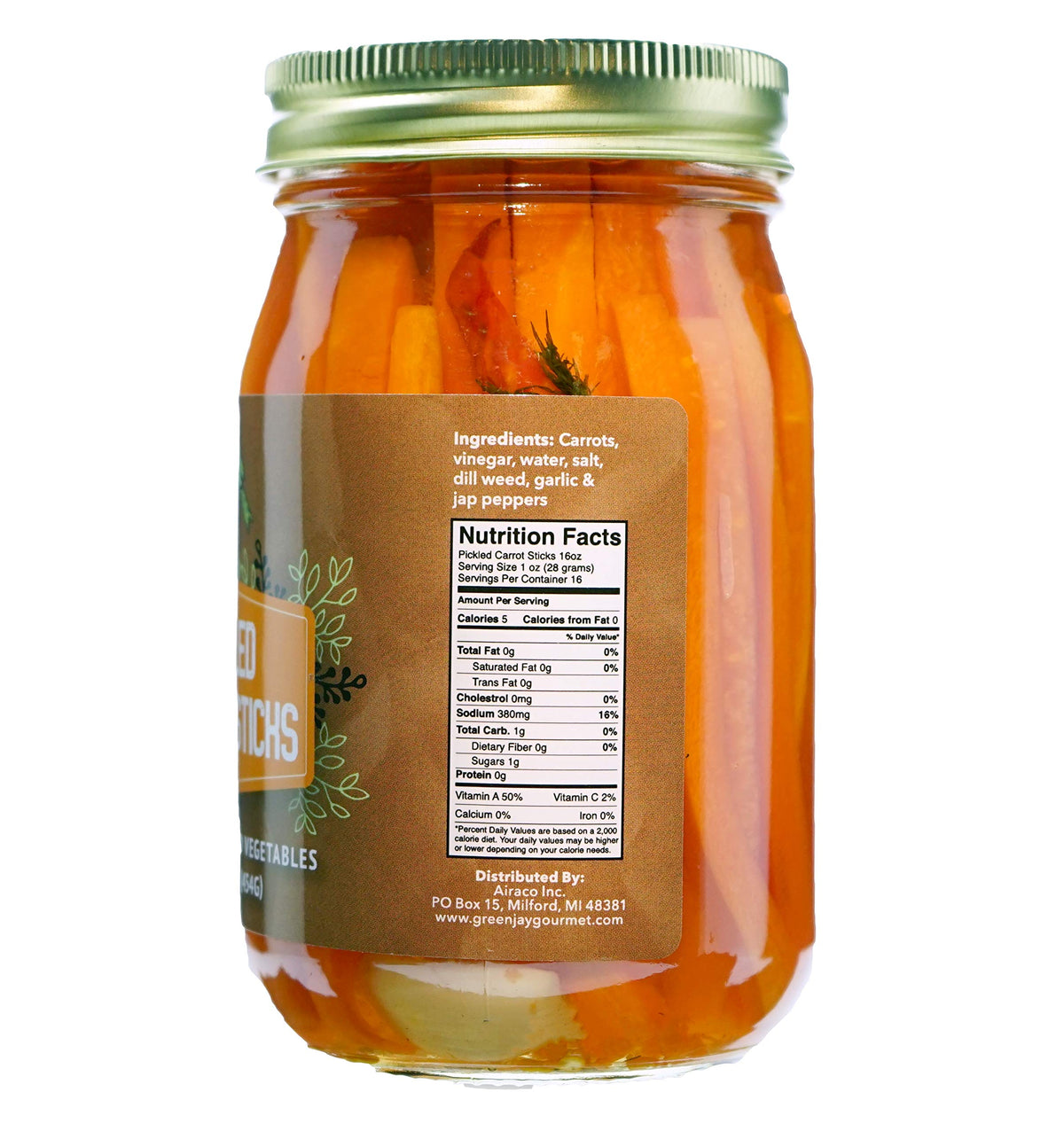Green Jay Gourmet hand jarred carrot sticks ready-to-eat snack and pantry staple.