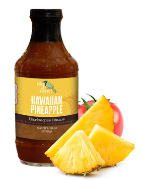 Green Jay Gourmet Hawaiian Pineapple BBQ sauce bottle glazes chicken with tropical sweetness