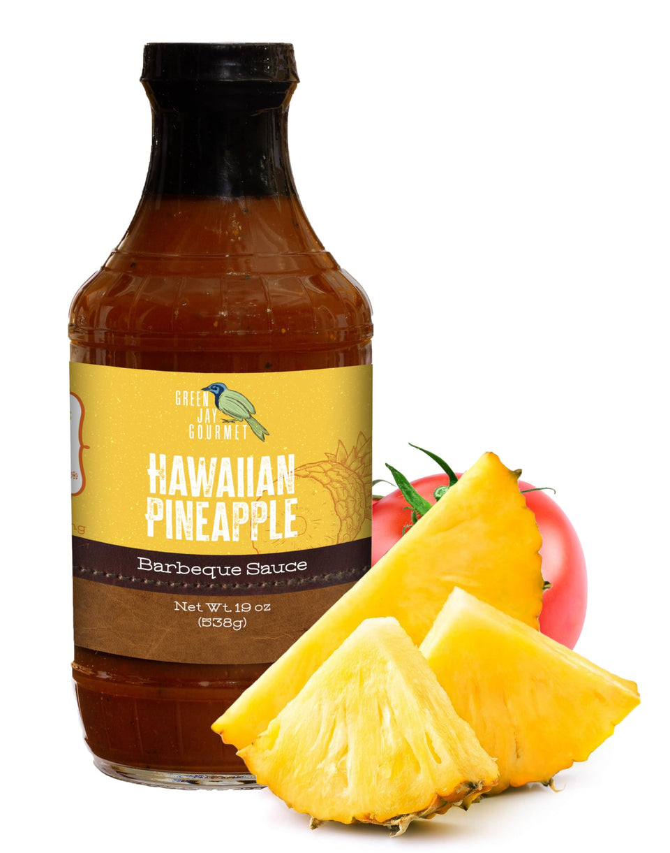 Green Jay Gourmet Hawaiian Pineapple BBQ sauce bottle glazes chicken with tropical sweetness