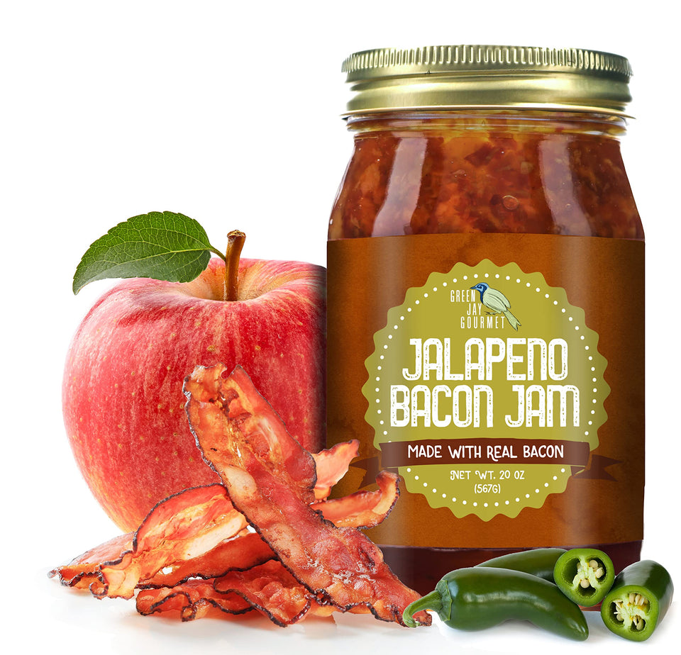 Green Jay Gourmet Jalapeno Bacon Jam jar highlighting bold flavor, ideal for burgers.