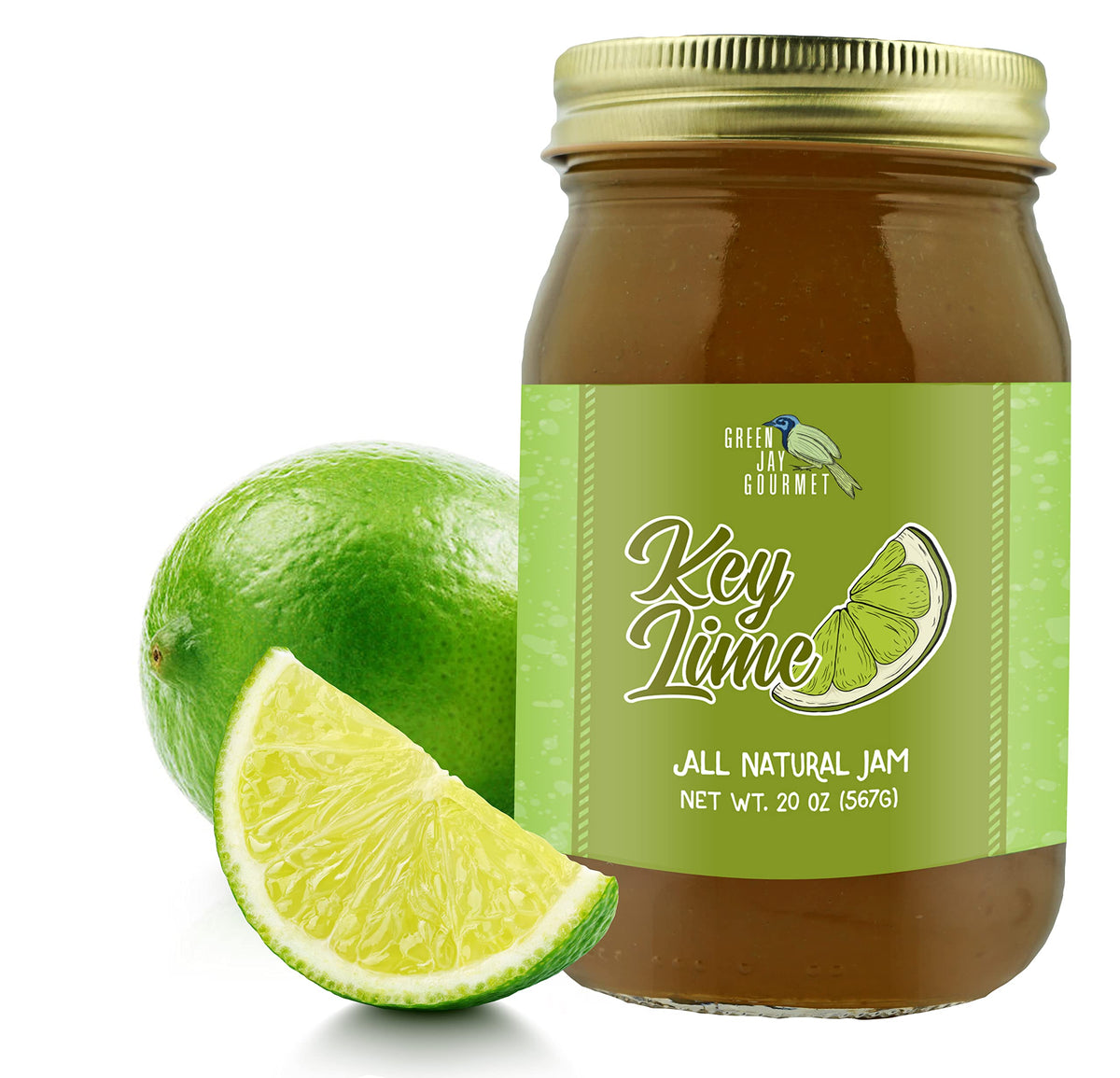 Green Jay Gourmet Key Lime Jam 19oz jar with bright citrus aroma and label visible