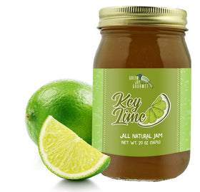 Green Jay Gourmet Key Lime Jam 19oz jar with bright citrus aroma and label visible