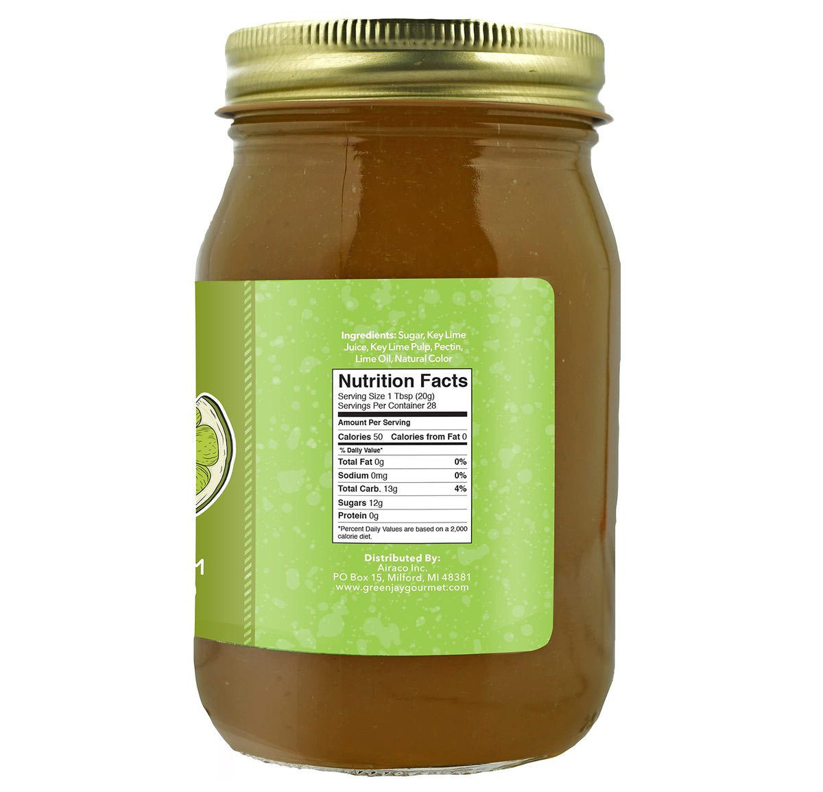 Green Jay Gourmet Key Lime Jam jar top view showing lid and jam texture