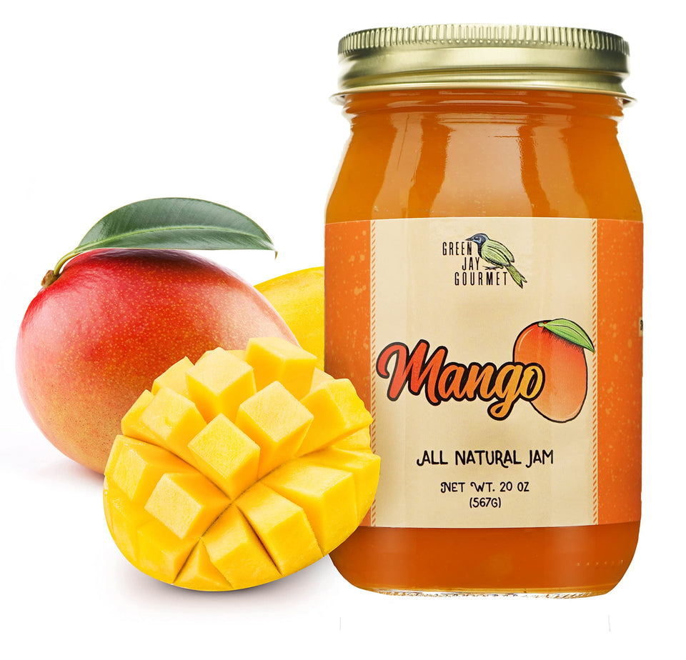 Green Jay Gourmet Mango Jam bottle close-up highlighting mango sweetness for breakfast