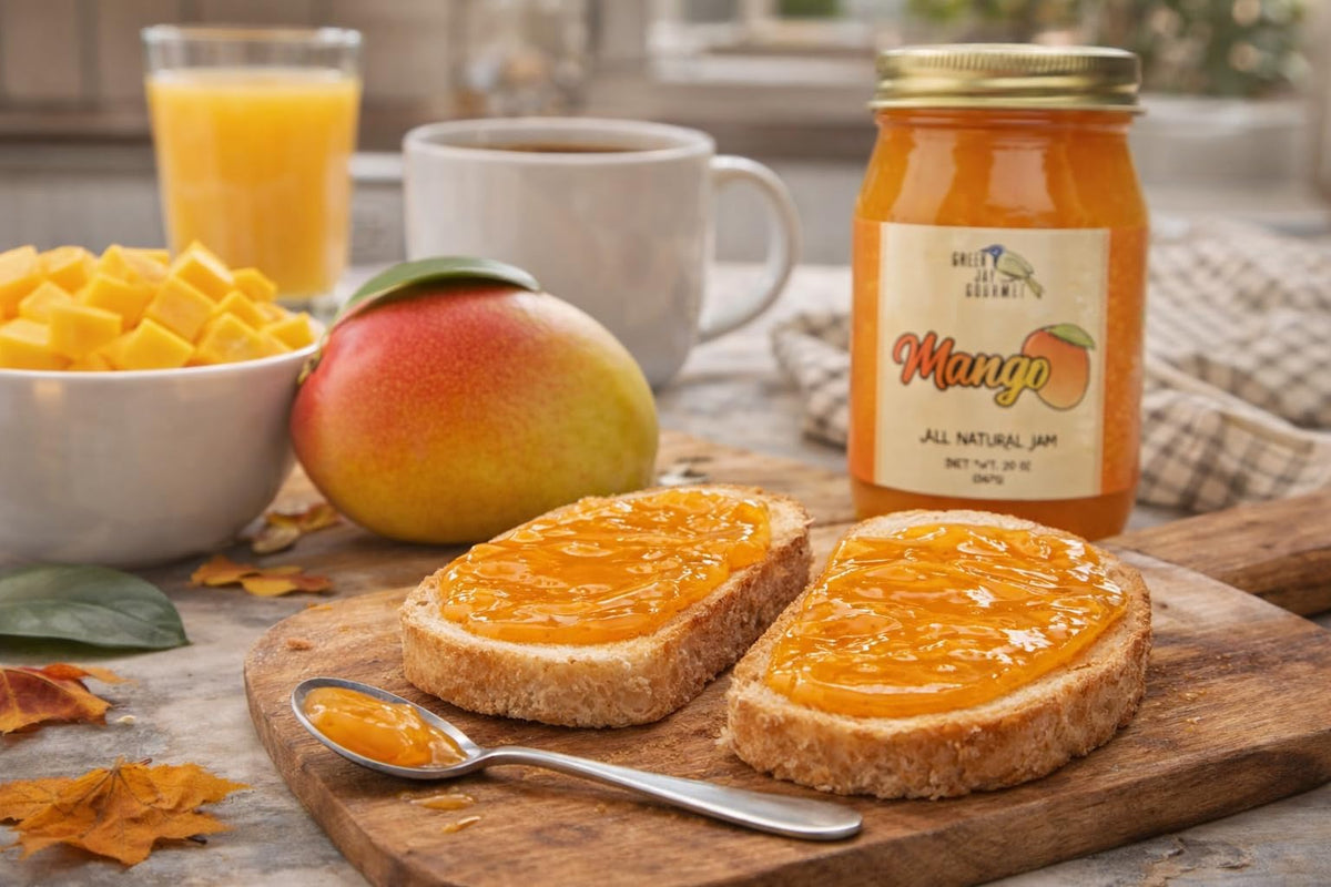 Green Jay Gourmet Mango Jam label on a kitchen counter with mango and lemon imagery