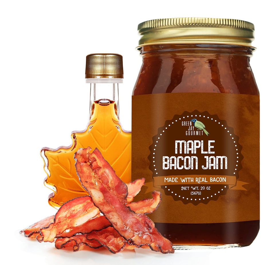 Green Jay Gourmet Maple Bacon Jam jar close-up showing glossy maple glaze for burgers