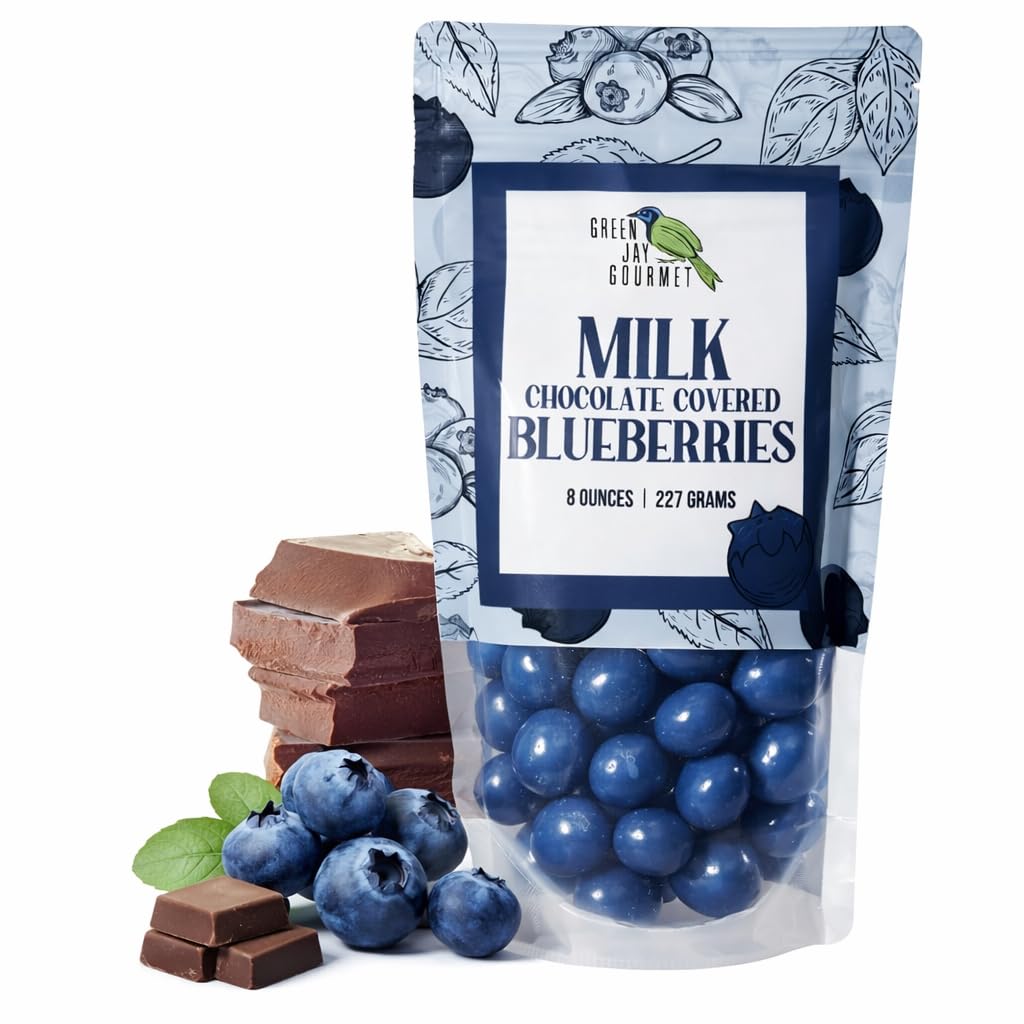 Green Jay Gourmet milk chocolate blueberries packaging showing resealable bag for freshness