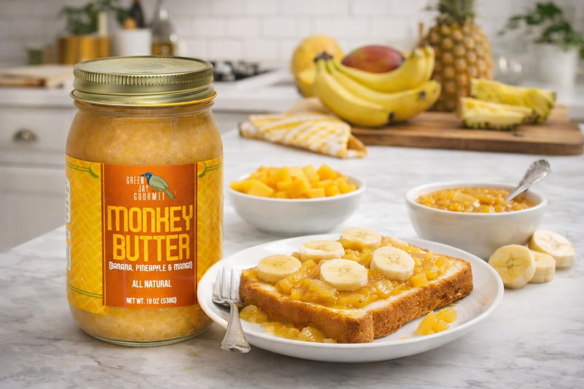 Green Jay Gourmet Monkey Butter ingredients panel highlights natural fruit blend