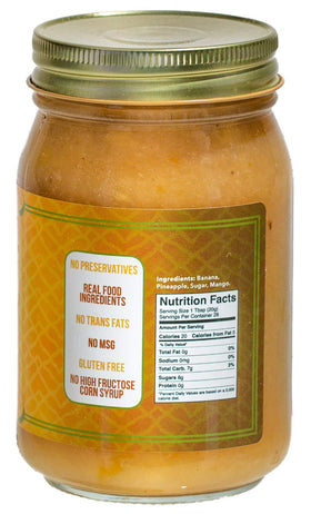 Green Jay Gourmet Monkey Butter jar back, gluten-free, all-natural fruit blend details