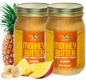 Green Jay Gourmet Monkey Butter jar front, creamy banana-pineapple-mango spread for toast