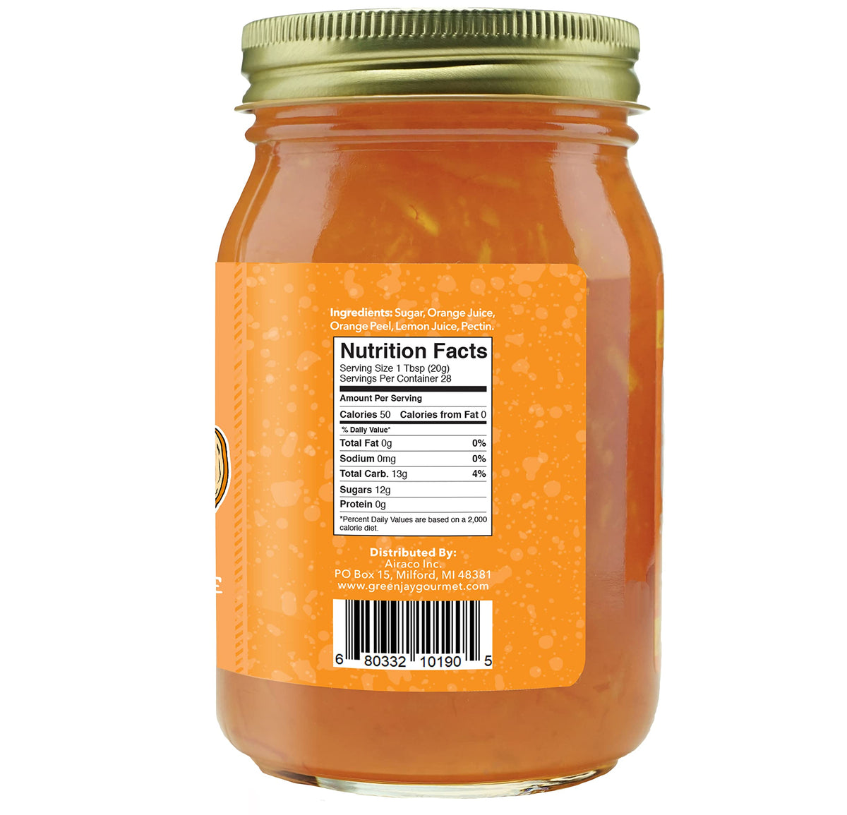 Green Jay Gourmet Orange Marmalade label closeup highlights simple, natural ingredients
