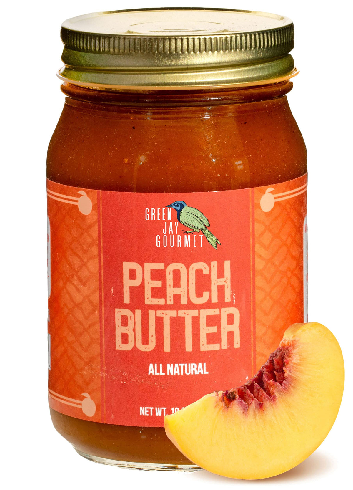 Green Jay Gourmet Peach Butter jar front view ideal for toast and pastries
