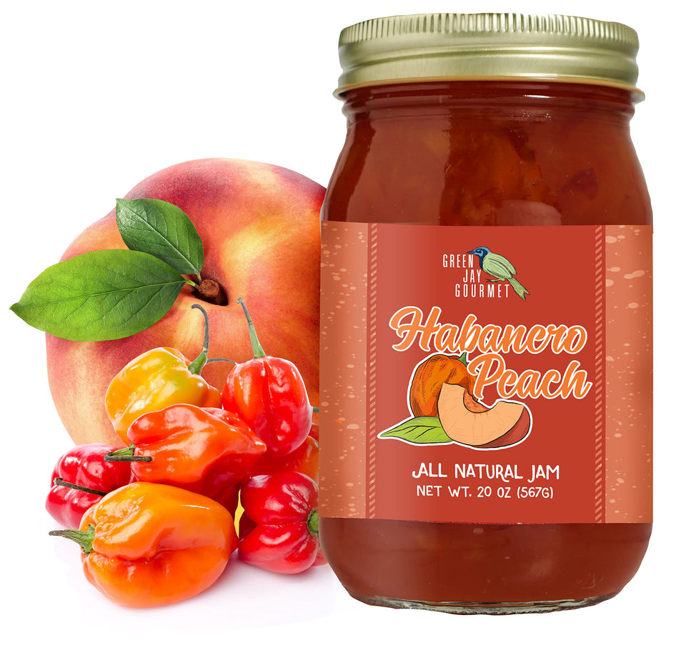 Green Jay Gourmet Peach Habanero Jam jar close-up showing fresh peaches for rich flavor.