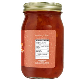 Green Jay Gourmet Peach Habanero Jam label with USA-made badge, ideal for gifts.