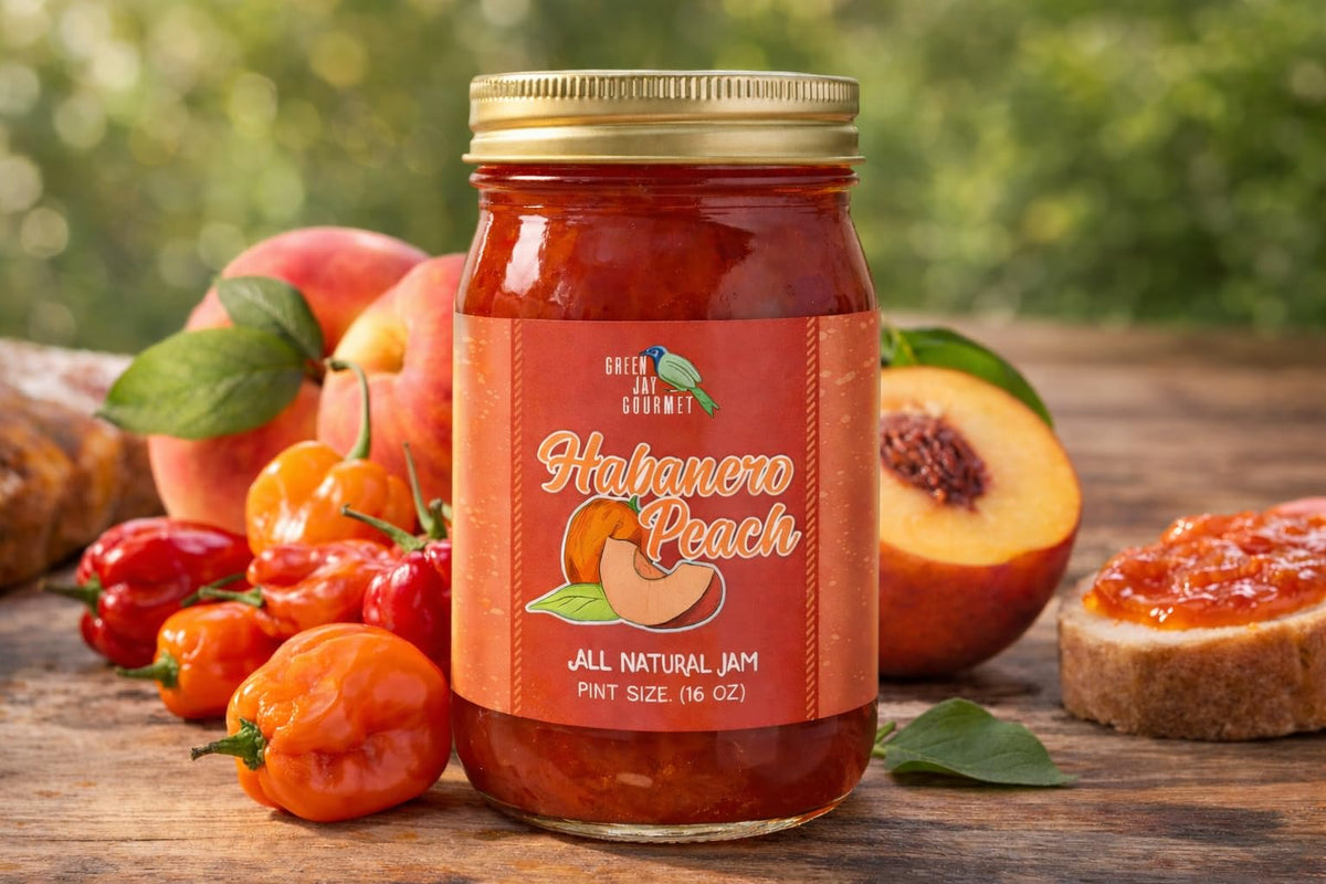 Green Jay Gourmet Peach Habanero Jam on toast, tasting-ready and versatile.