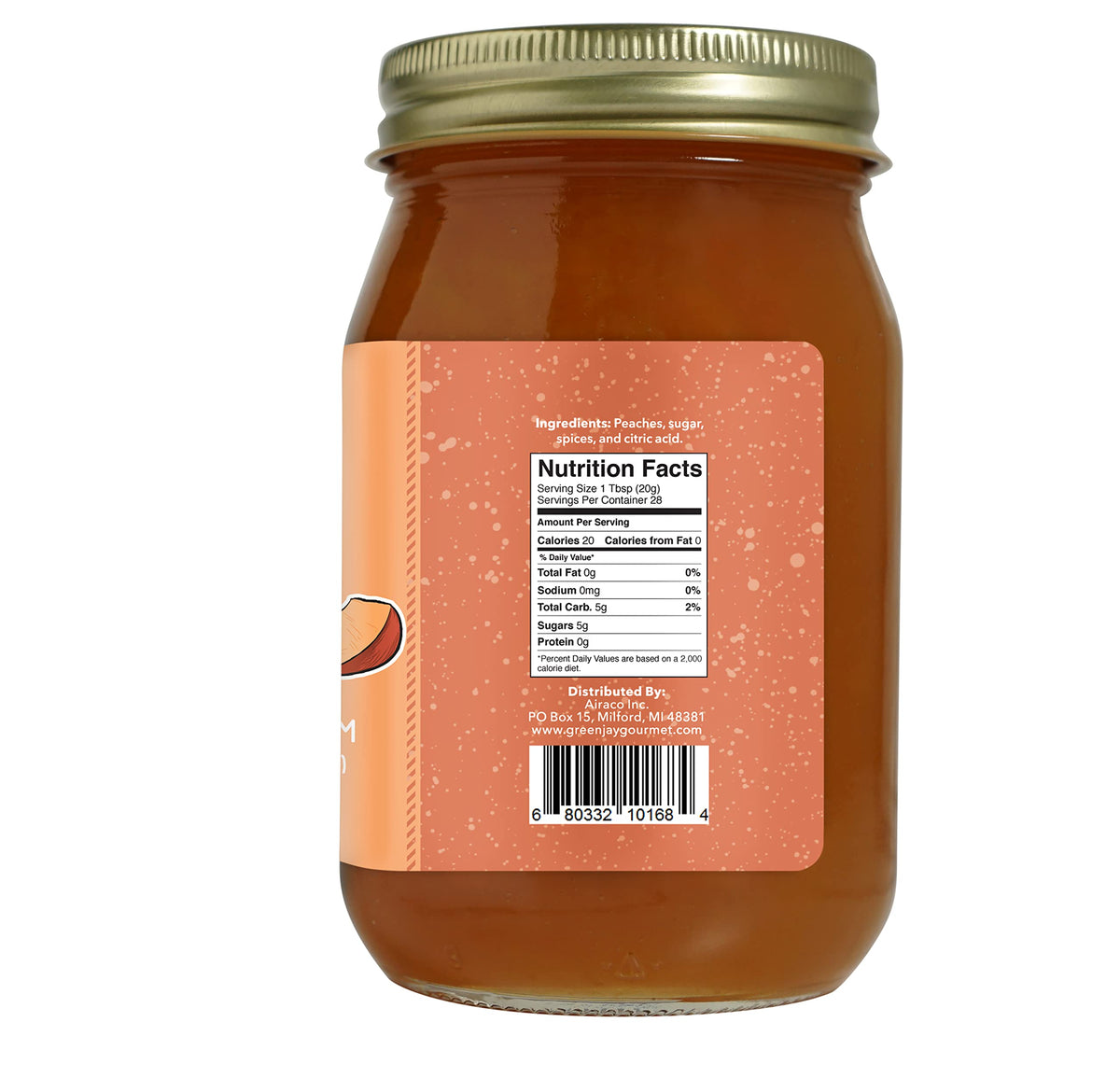 Green Jay Gourmet Peach Jam close-up highlighting vibrant color and lemon-balanced sweetness.