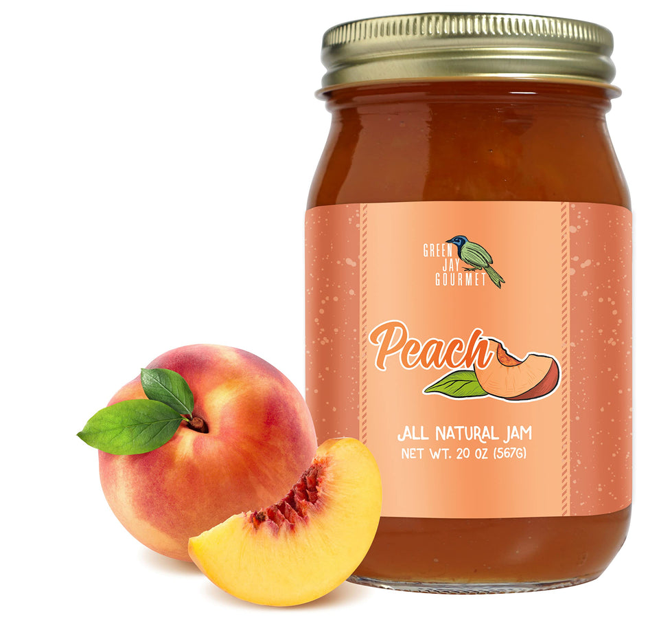 Green Jay Gourmet Peach Jam jar with peaches, showcasing all-natural, small-batch flavor.