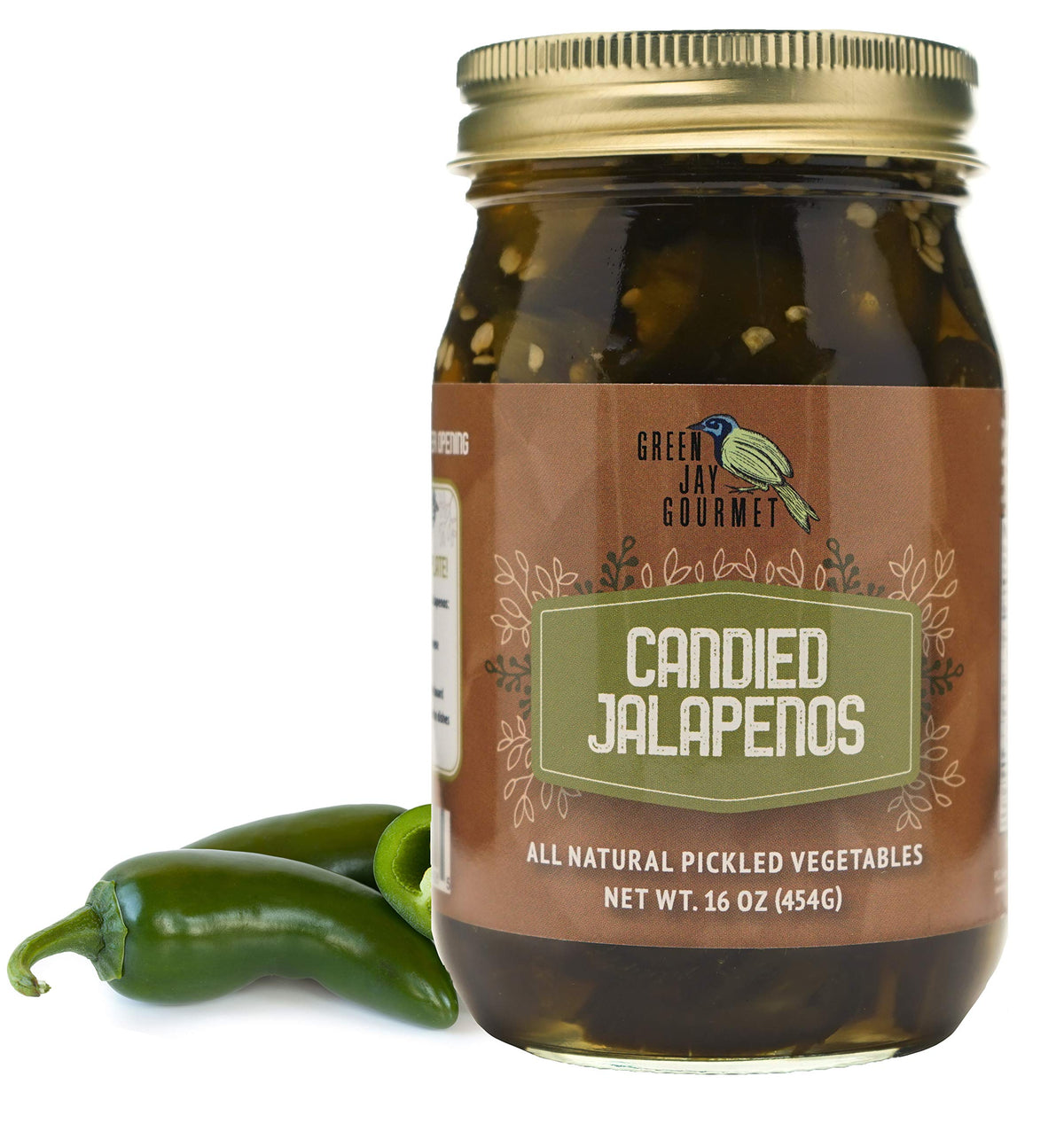 Green Jay Gourmet pickled candied jalapeños jar view, pantry staple for quick flavor boosts