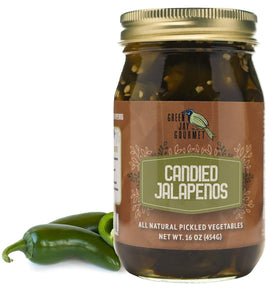 Green Jay Gourmet pickled candied jalapeños jar view, pantry staple for quick flavor boosts