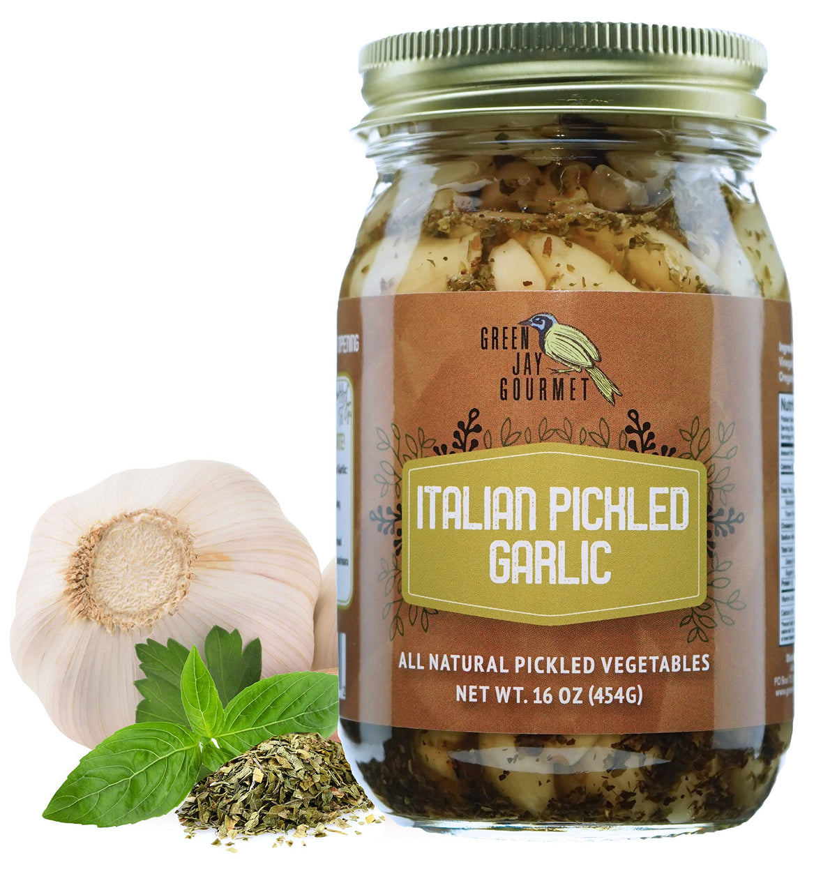 Green Jay Gourmet pickled garlic cloves in a jar, ready for cooking