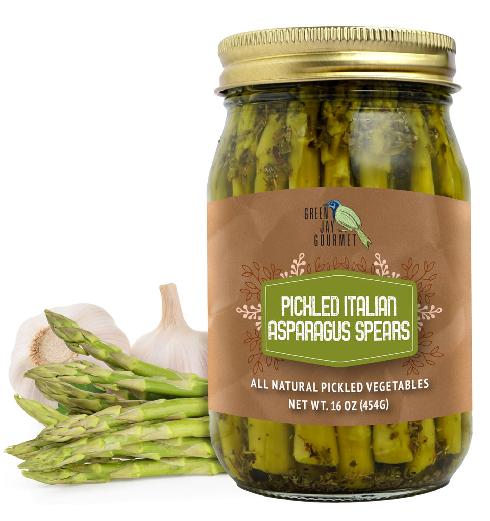 Green Jay Gourmet pickled Italian asparagus spears in a jar for salads.