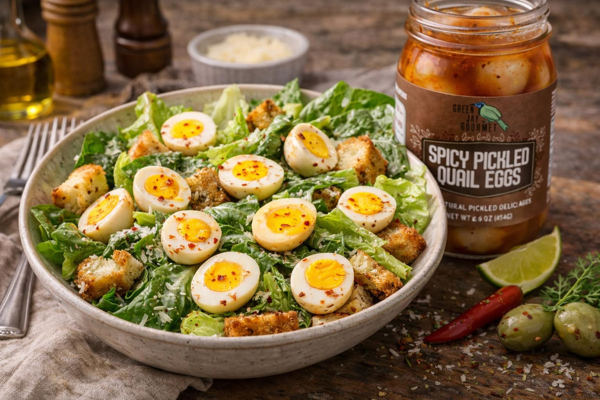 Green Jay Gourmet jarred quail eggs with simple natural ingredients.