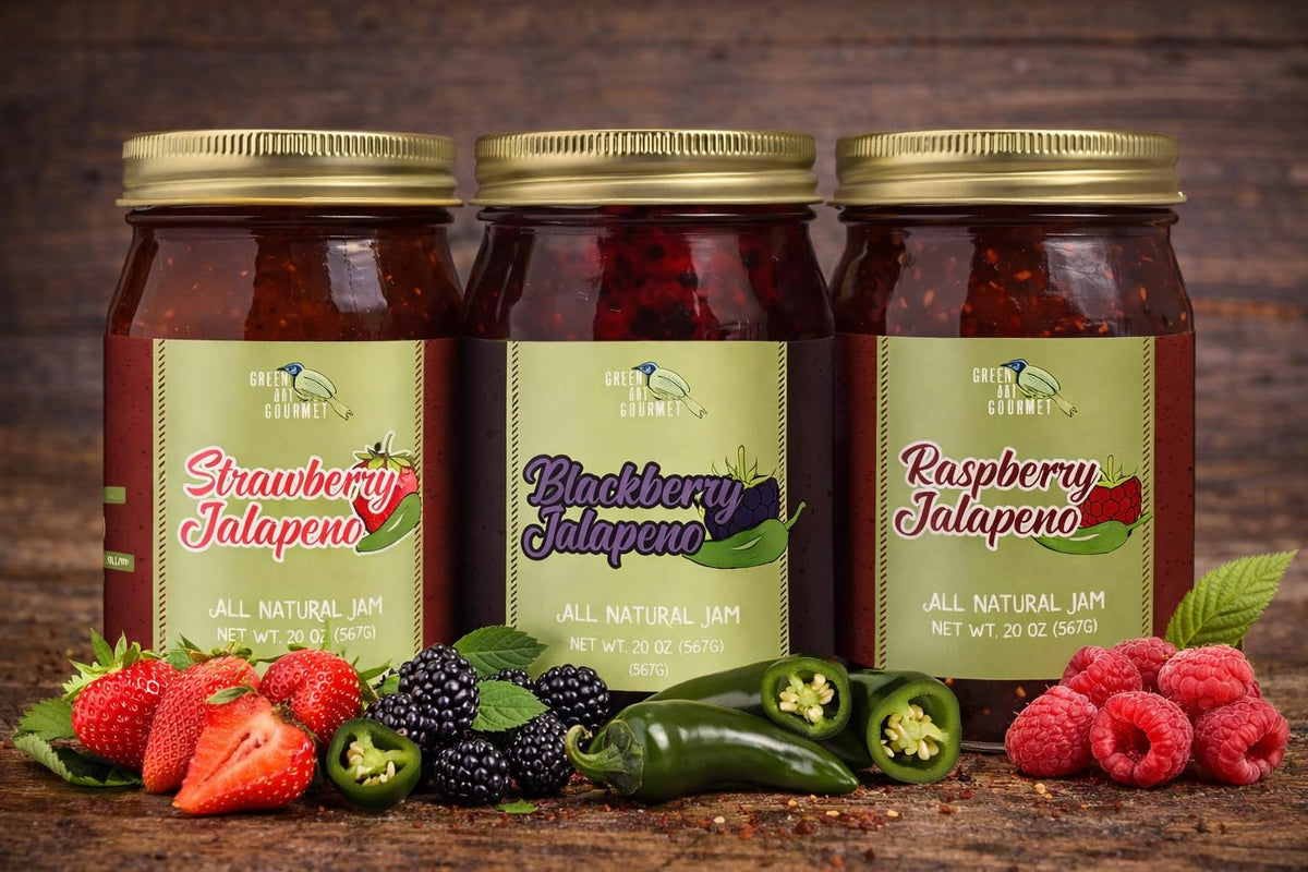 Green Jay Gourmet Raspberry Jalapeno Jam ingredients scene with fresh raspberries and jalapeños for vibrant flavor