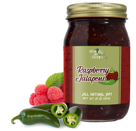 Green Jay Gourmet Raspberry Jalapeno Jam jar front with vibrant raspberries for bold breakfast flavor