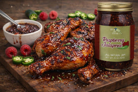 Green Jay Gourmet Raspberry Jalapeno Jam on kitchen shelf as a versatile pantry staple