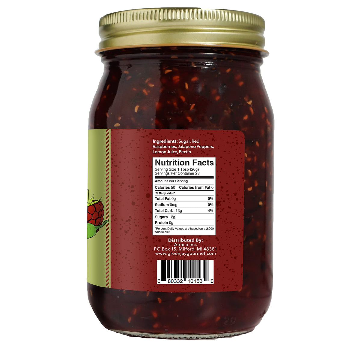 Green Jay Gourmet Raspberry Jalapeno Jam label close-up highlighting all-natural ingredients and vegan gluten-free promise