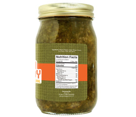 Close-up of Green Jay Gourmet Relish jar, perfect for nachos and sandwiches.