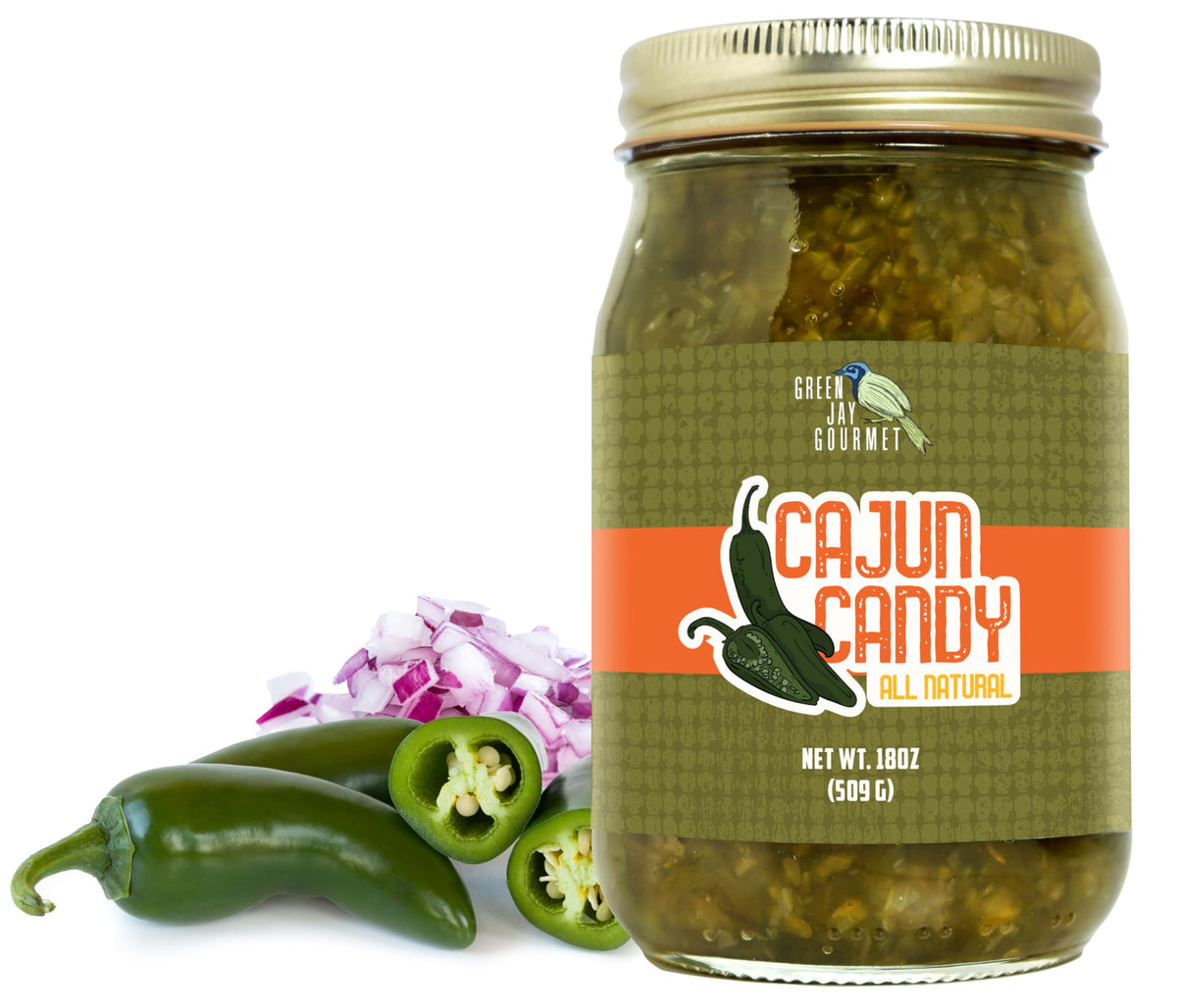Green Jay Gourmet Cajun Candy Relish jar on counter, ideal for burgers and hot dogs.